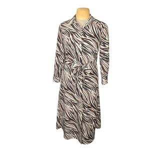 Zara Womens XS Animal Print Shirt Dress Tie Waist Midi Neutral Vacation Career